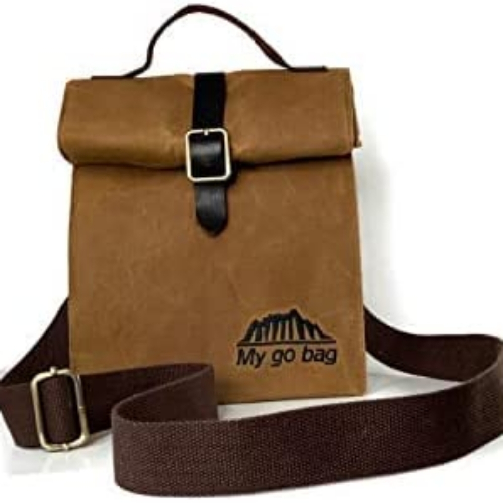 My go bag. Reusable lunch bag. Color  brown. Size. 55'